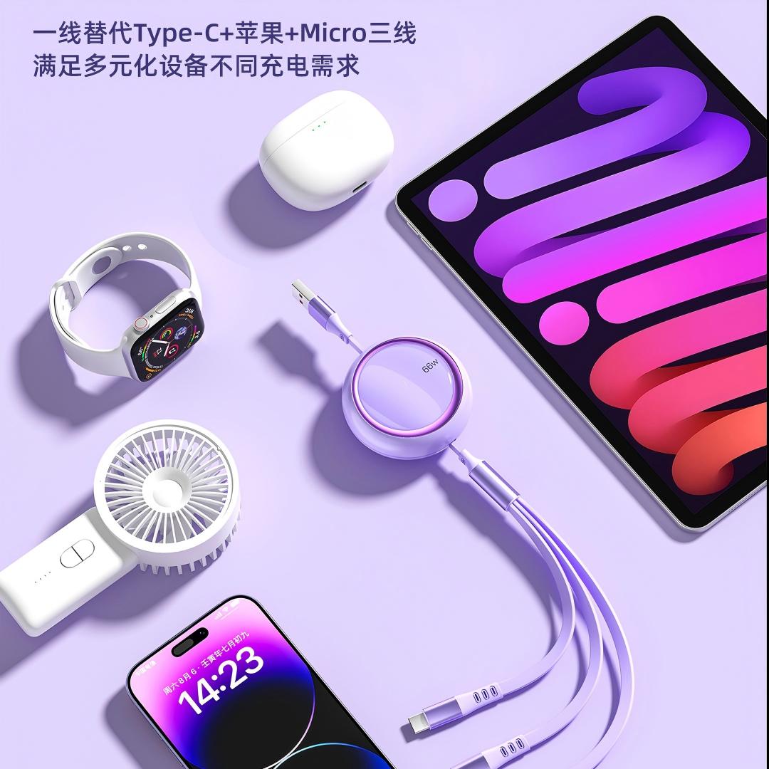 纽曼XS23 三合一伸缩快充线适用快充66W一拖三充电器线XS23高清大图