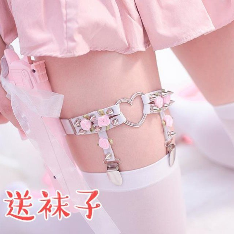 爱心白玫瑰手作日系洛丽塔爱心袜圈防滑吊袜带jk小腿袜扣袜夹腿环女