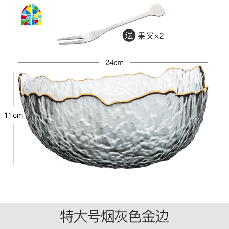 中式金边玻璃碗蔬菜沙拉碗大号甜品餐具创意个性家用水果碗 FENGHOU 特大号烟金边(送1个果叉)高清大图