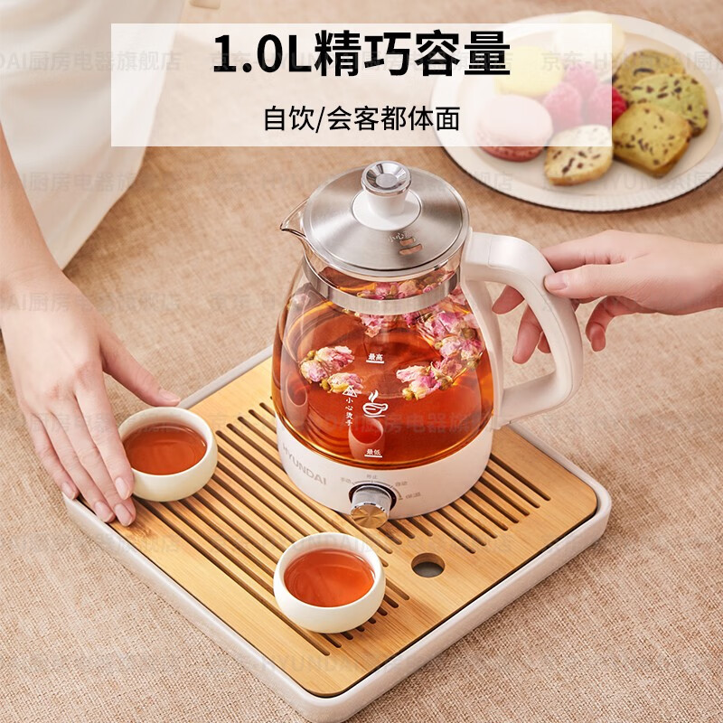现代HYUNDAI韩国煮茶器 迷你养生壶一人蒸汽喷淋式煮茶壶花茶壶蒸茶器全自动升级保温黑茶白茶 白色