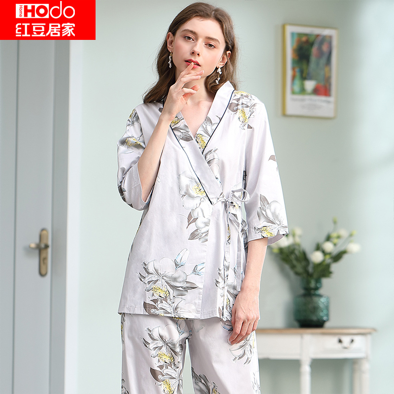 红豆居家(Hodohome)女士睡衣日式和服居家服花卉印花系带式中袖长裤甜美系可外穿家居服