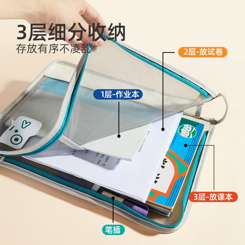 弥鹿(MiDeer)小学生学科分类袋课本收纳袋三层式儿童科目试卷袋可水洗书本A4补习袋拉链式文件袋
