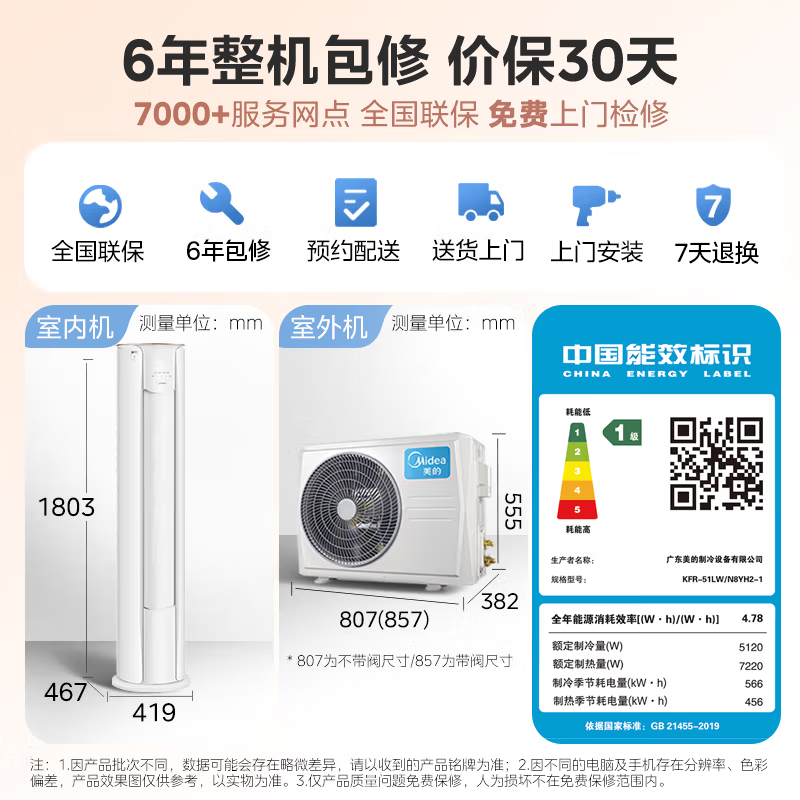美的3匹立柜式新1级变频空调KFR-72LW/N8YH2-1极地白大空间冷暖电辅加热6年质保高清大图