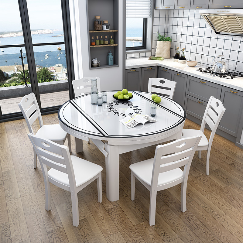 天惠子 餐桌 木质实木餐桌椅组合玻璃餐桌折叠伸缩现代简约钢化玻璃圆形吃饭桌子