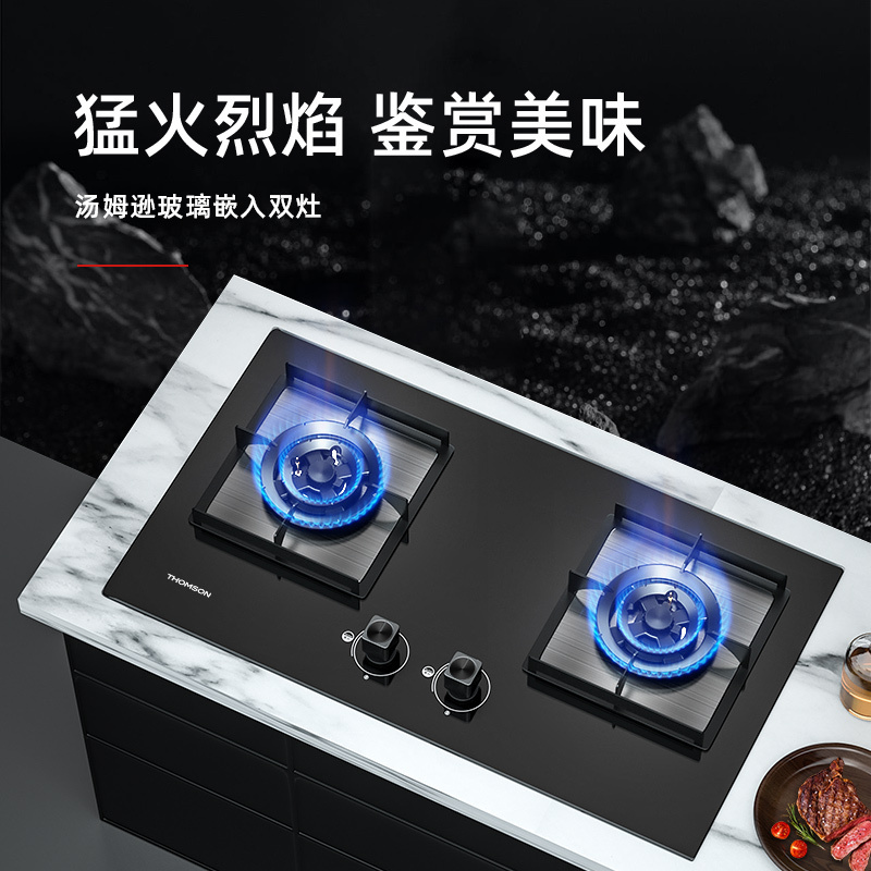 HOMSON法国汤姆逊家用台式嵌入式燃气灶具 5.2kW天然气大火力双眼灶 加厚钢化玻璃 一级能效 方灶圆灶 AZL2