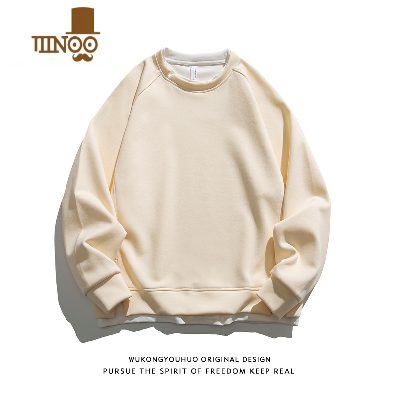 YANXU潮牌复古纯色假拼接圆领卫衣男街头宽松潮流百搭上纯高清大图