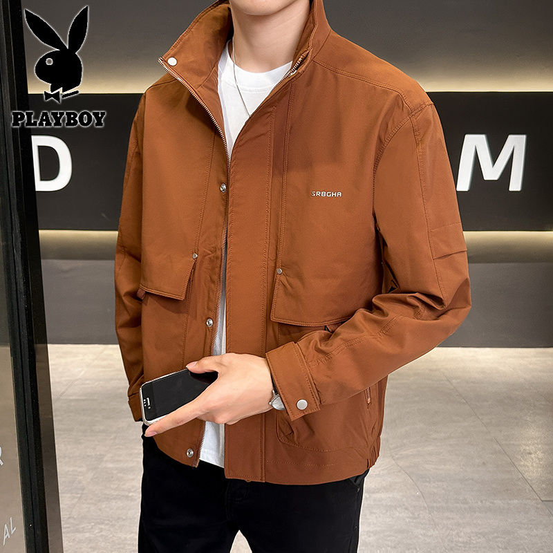 花花公子新款高品质简约字母压印立领夹克外套高清大图