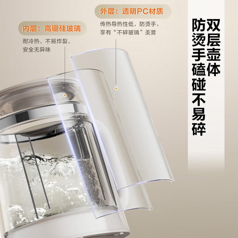 苏泊尔(SUPOR)养生壶1.5L煮茶器花茶壶玻璃电水壶烧水壶双层防烫燕窝炖盅316L不锈钢搅拌熬煮SW-15YT03D