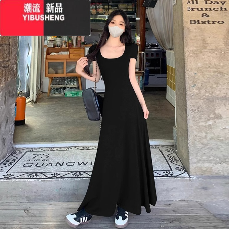 YIBUSHENG法式灰色修身连衣裙子季女装高级感气质收腰2024新款小个子长裙
