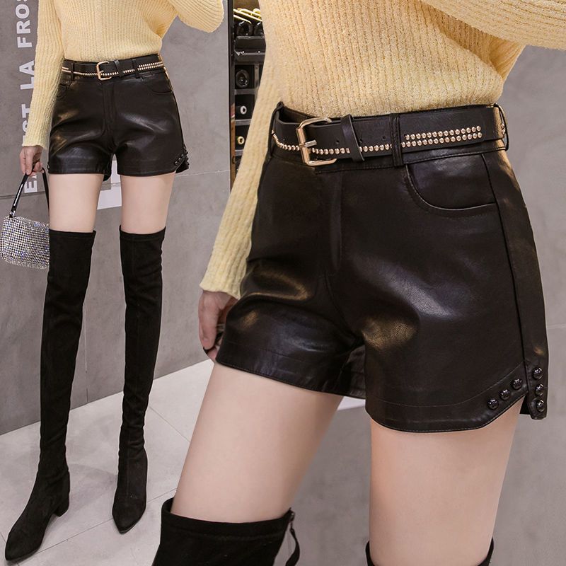 新款水洗pu皮短裤女秋冬韩版修身显瘦黑色中腰直筒靴裤