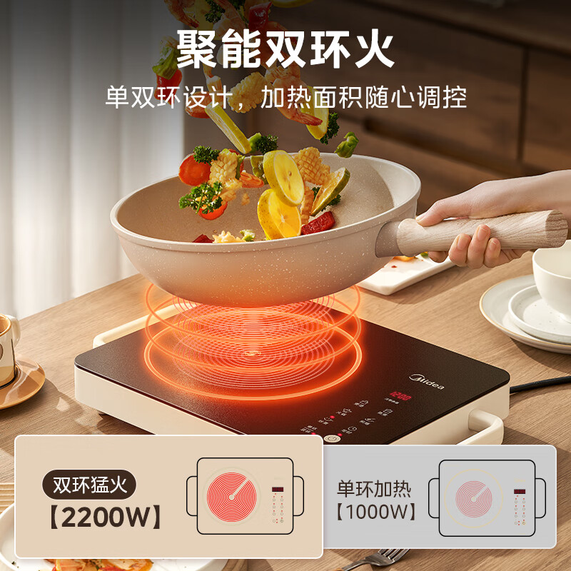 美的(Midea)电磁炉电陶炉家用火锅专用不挑锅煮茶小型大功率爆炒炒菜防水面板电磁灶MC-HW2210高清大图