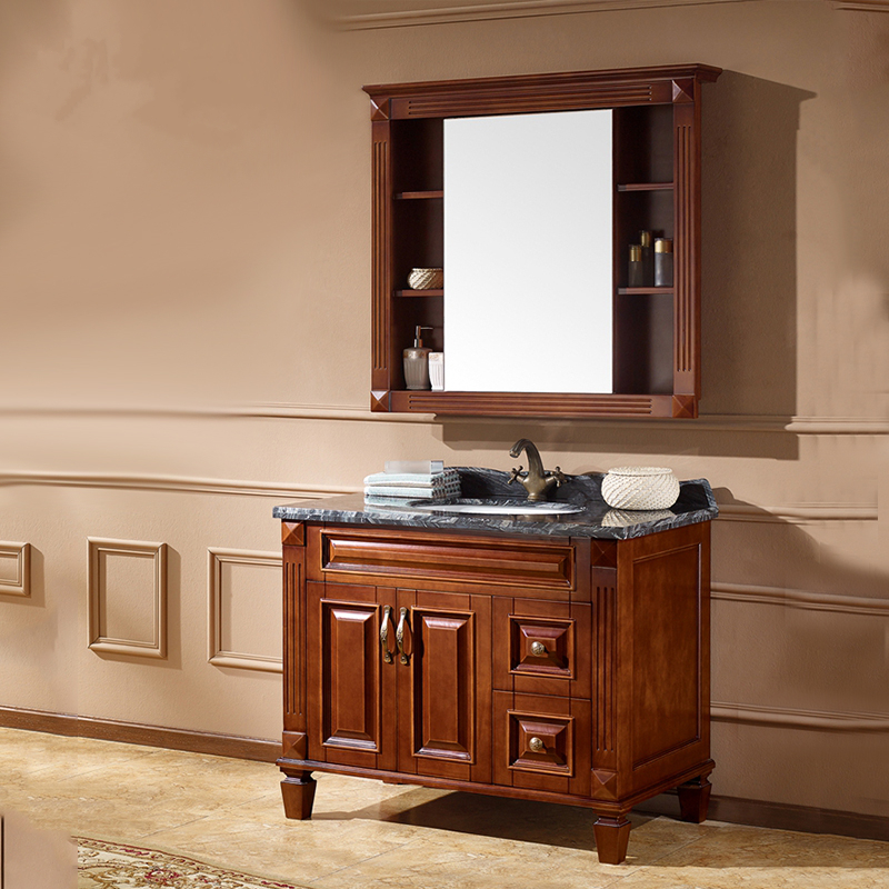 苏宁放心购简约现代美式落地橡实木浴室柜中式洗手台盆柜卫浴柜镜柜