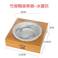 宠物喂食猫碗狗狗碗不锈钢狗盆双碗猫粮食盆食碗狗粮饭盆猫咪用品 通用型 竹架陶瓷单碗水墨灰