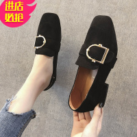 金三志豆豆鞋女2021春秋新款百搭粗跟方头一脚蹬单鞋黑色中跟小皮鞋英伦休闲鞋
