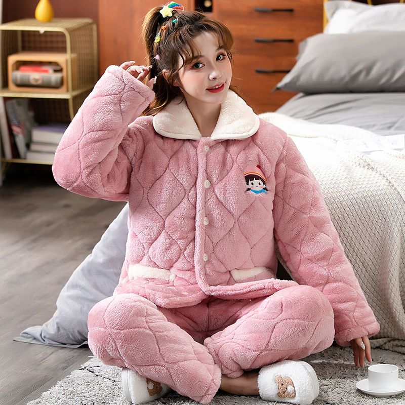 冬季睡衣女加厚新款珊瑚绒三层夹棉保暖棉服法兰绒女士家居服套装衫