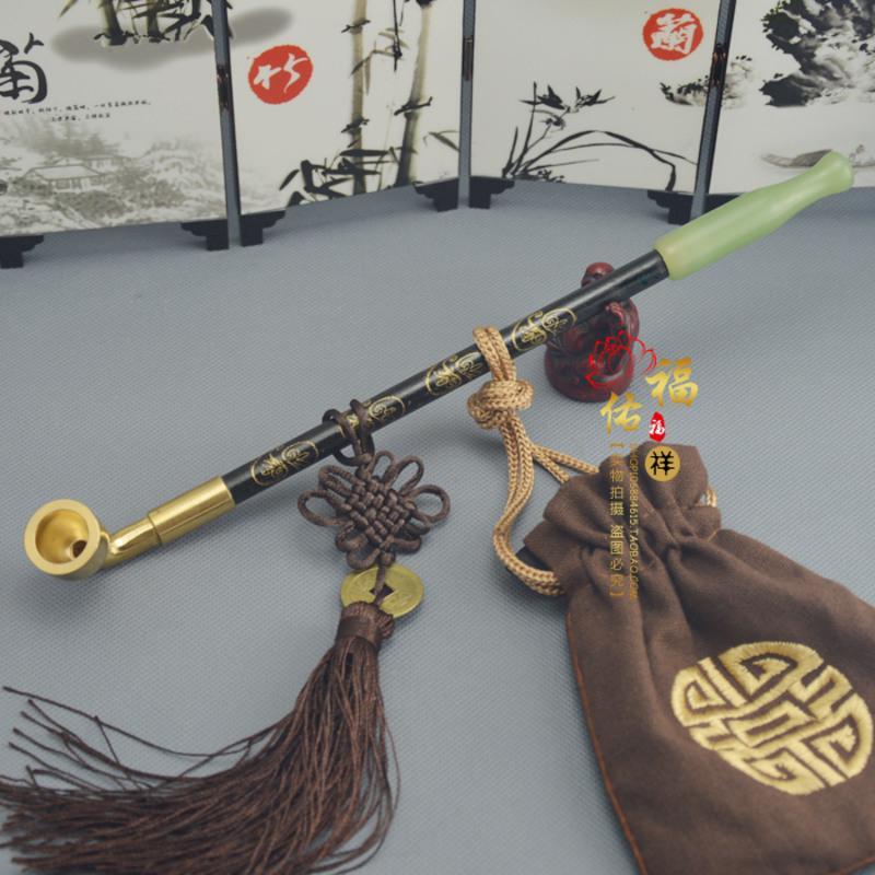 传统老式烟袋锅旱烟袋 黄铜烟锅 手工烟杆绿玉石烟嘴烟叶烟斗