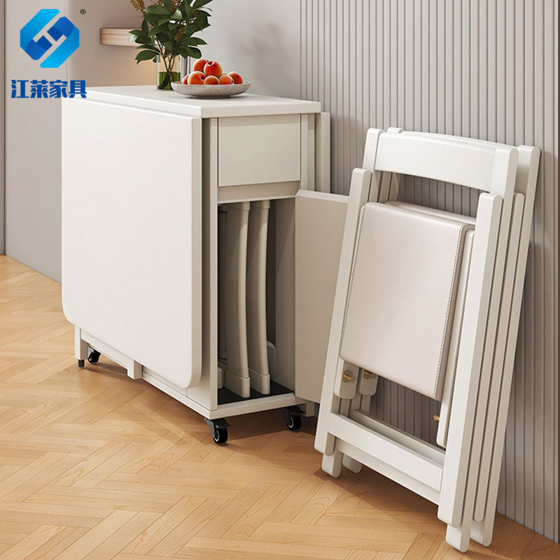 江莱小户型折叠餐桌家用餐边柜一体可移动实木长方形伸缩桌子高清大图