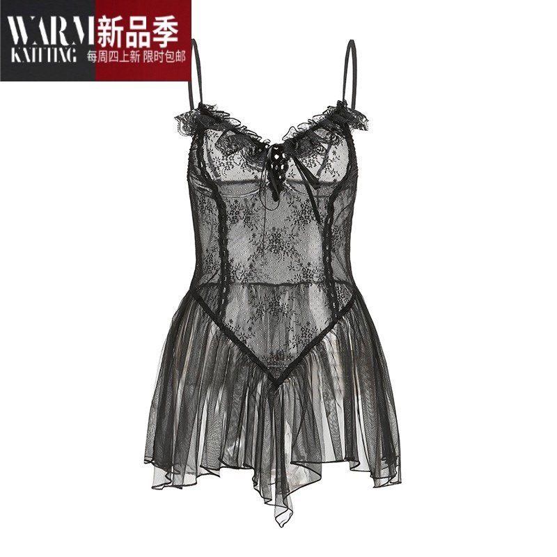 shanchao性感睡衣女蕾丝吊带睡裙透明薄款大码带钢圈宽松冰丝小胸聚拢