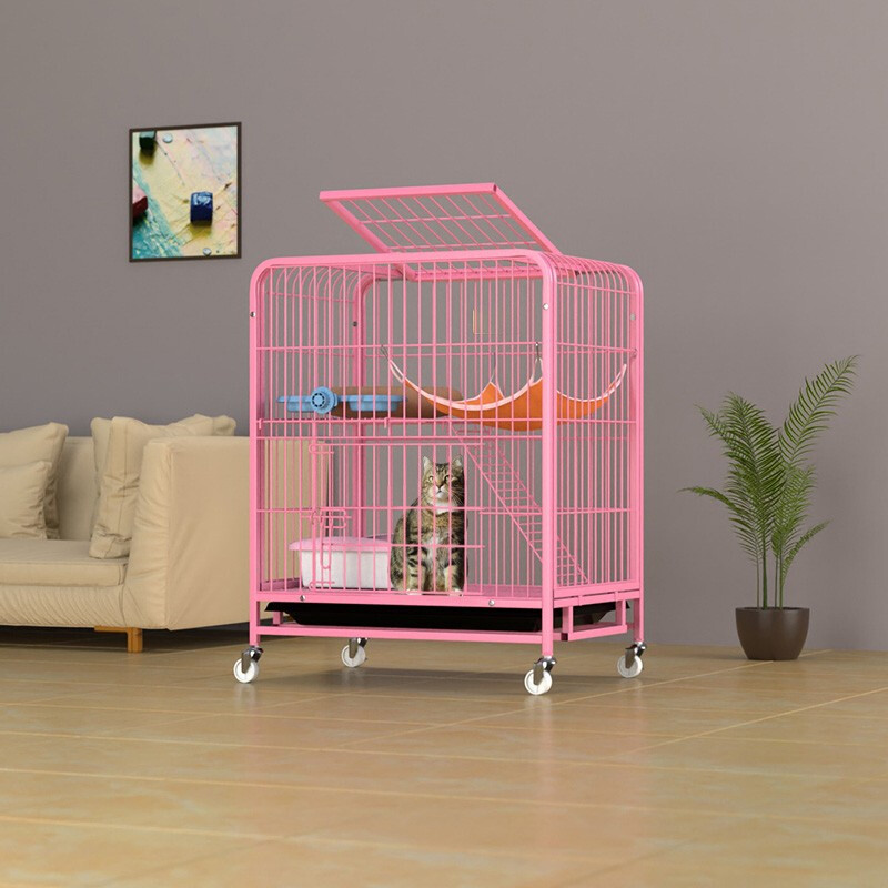 猫笼大号加粗侧开宠物笼子猫咪别墅双层三层四层狗笼猫舍猫窝猫咪用品 粉色双层62*44*80别墅 超值套餐买1+6【吊床等6件套】