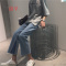 洛芊春装韩版宽松撞色撕边九分直筒阔腿裤显瘦高腰牛仔裤女学生长裤潮