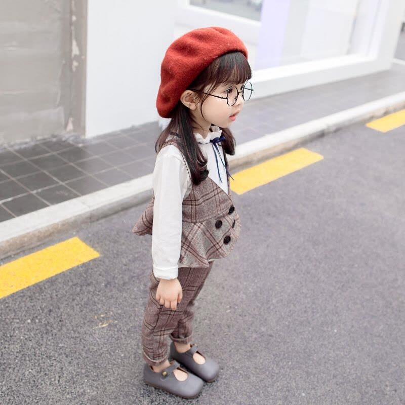 迪鲁奥(DILUAO)儿童套装女 女童套装秋季女童英伦风格子马甲套装三件套女宝宝格子套527-30 棕色图片