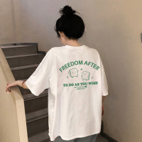 [2.5折价53元]唐狮夏季女圆领背后图案短袖T恤减龄百搭学院风休闲慵懒风