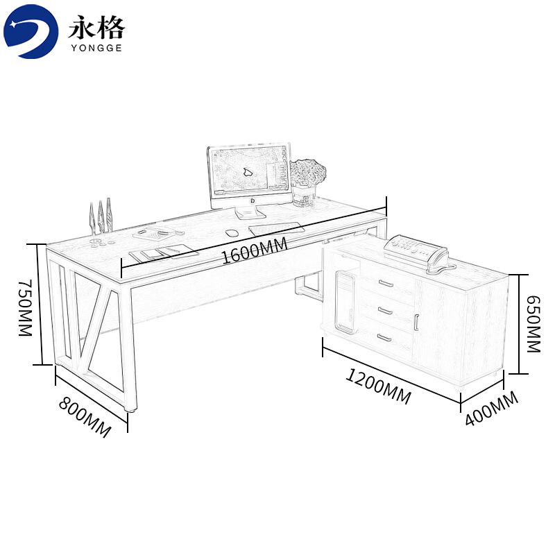 永格办公家具办公桌组合职员工电脑桌屏风工位现代简约单人办公室老板桌椅白架+白色总长1.6米【含侧柜】高清大图