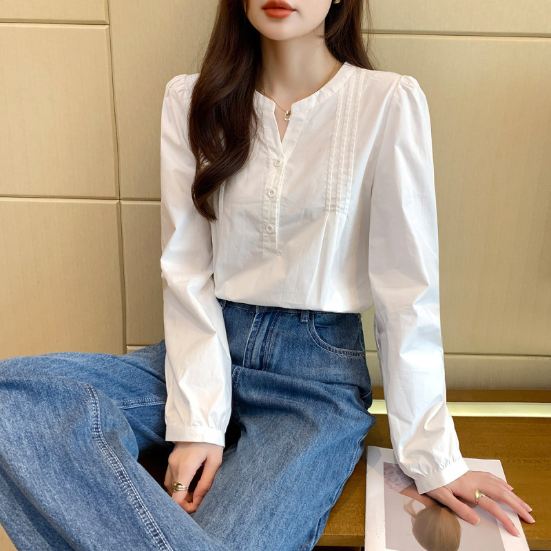 唐狮秋季新款女圆领褶皱长袖衬衫百搭别致减龄气质时尚潮流