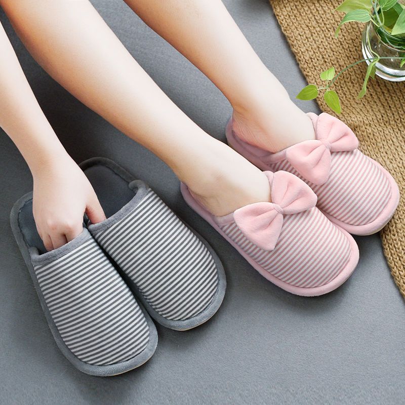 冬季条纹棉拖鞋男女居家室内韩版防滑冬天保暖棉鞋