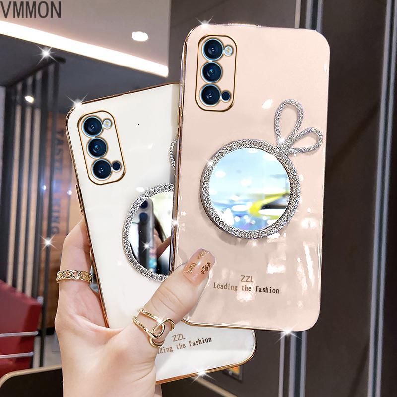 VMONN兔耳朵补妆镜OPPOReno4手机壳0pp0网红水钻女生款ren04高档软外壳REN04直边电镀0PP0超高清大图