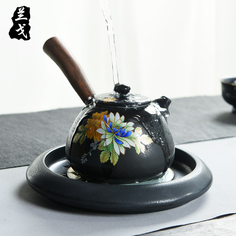 美帮汇整套功夫茶具套装 复古黑陶侧把壶承家用简约汝窑陶瓷礼品装高清大图