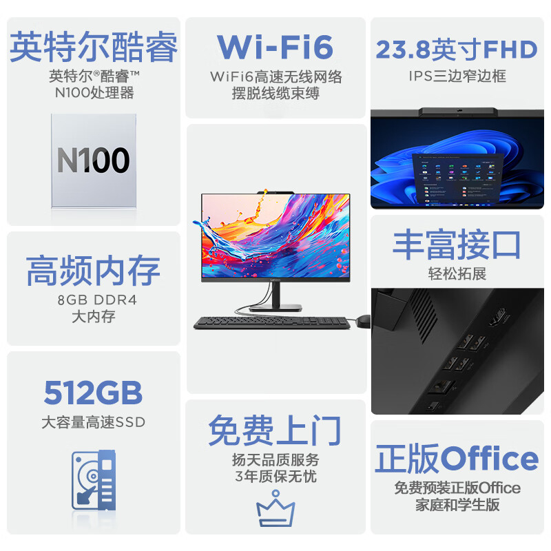联想(Lenovo) 扬天S660 一体台式机电脑23.8英寸(N100 8G 512G Windows11) 黑色 商用办公家用学习娱乐高清大图