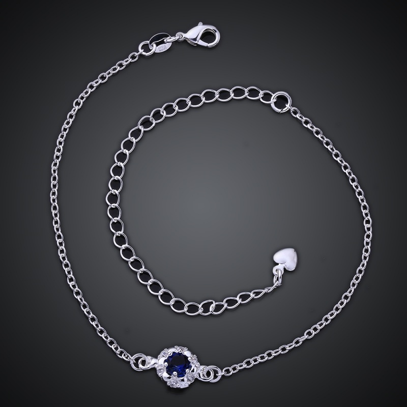 A033 Women Jewelry Silver Anklet 镀银饰品水晶蓝锆石脚链女潮送女朋友七夕情人节礼物