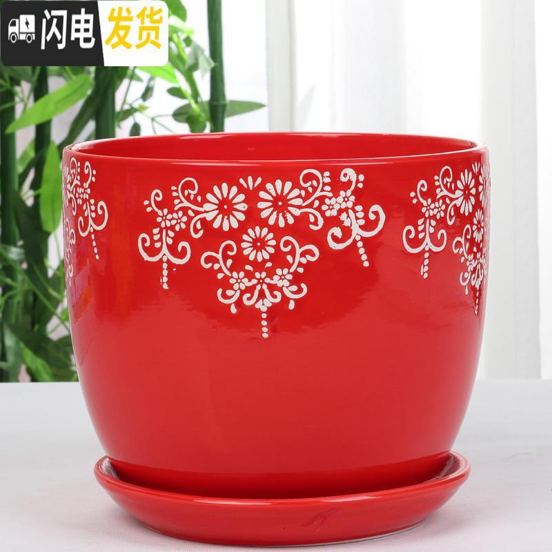 三维工匠中国风大红色陶瓷花盆批发有孔/喜庆花盆纯红个性创意花盆/免邮 红色//081 17CM_10