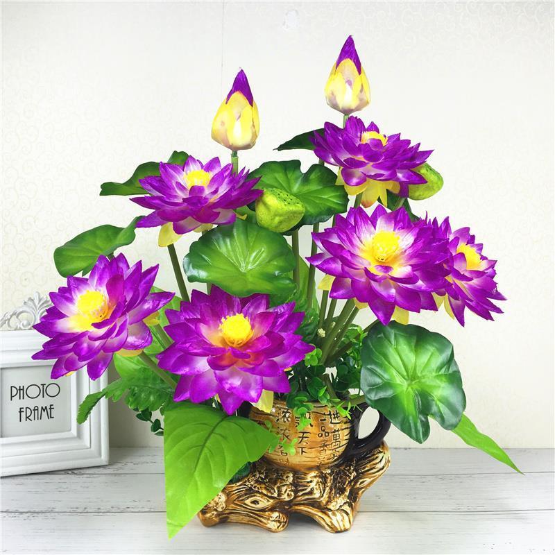 一盆仿真荷花莲花供花小套装 塑料假花小盆栽家居装饰摆件