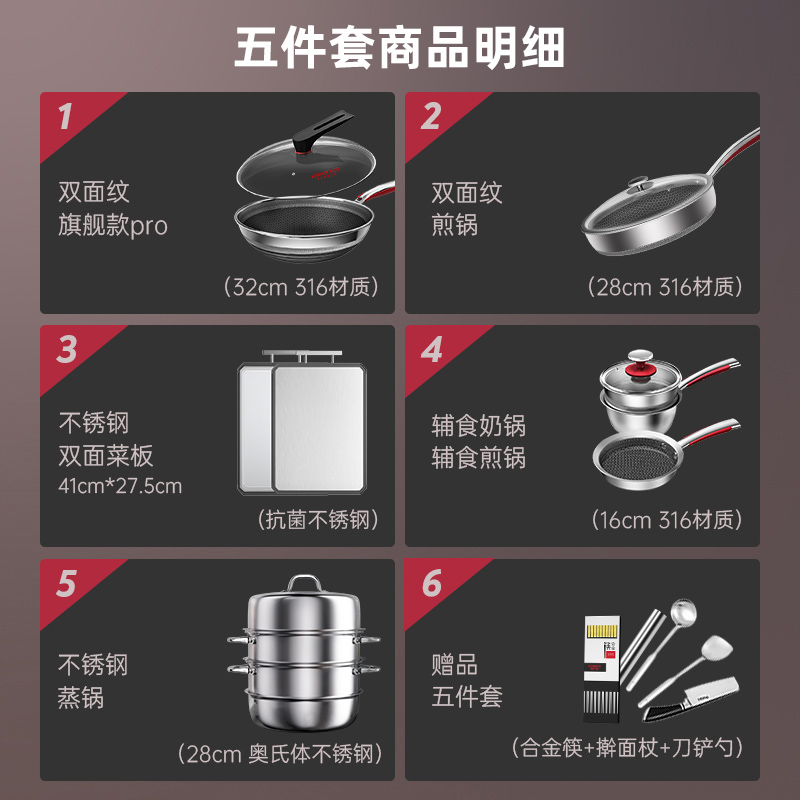 康巴赫菜板砧板煎炒锅蒸锅不粘锅具厨具套装家用五件套组 (炒锅+煎锅+辅食锅)送三件套高清大图