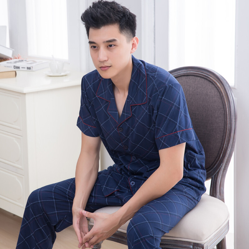 男士睡衣春夏季半袖长裤夏款短袖男式开衫前扣家居服套装