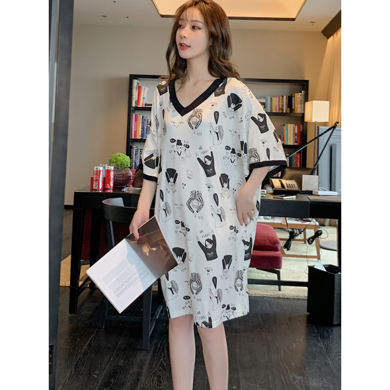 YUNWUXIN莫代尔睡裙中袖宽松加大码性感女夏薄款孕妇连衣裙胖MM家居服睡衣睡衣