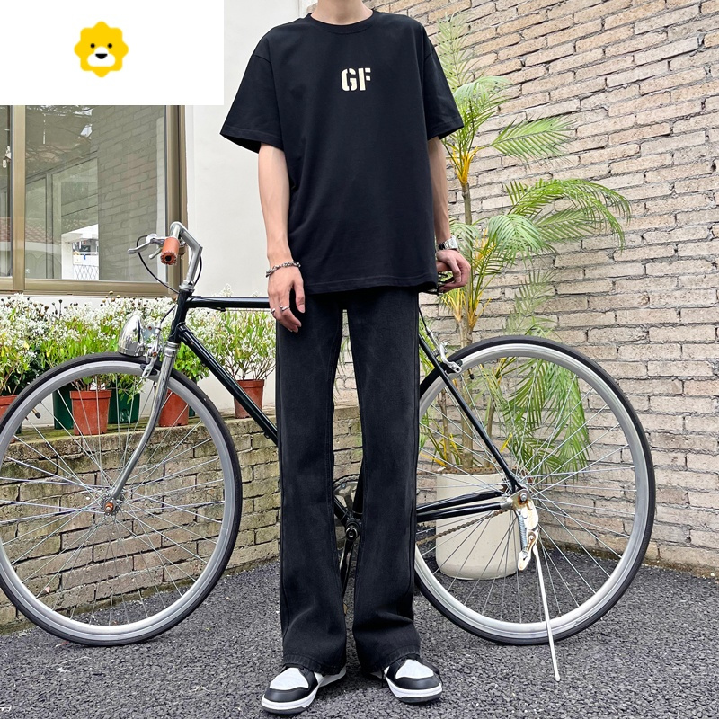 fishbasket黄泥色微喇牛仔长裤男宽松直筒季垂感裤子男休闲百搭拖地阔