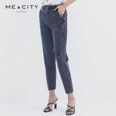 [1件3折价:84]MECITY女装夏季可甜可盐休闲舒适宽松破洞直筒牛仔裤