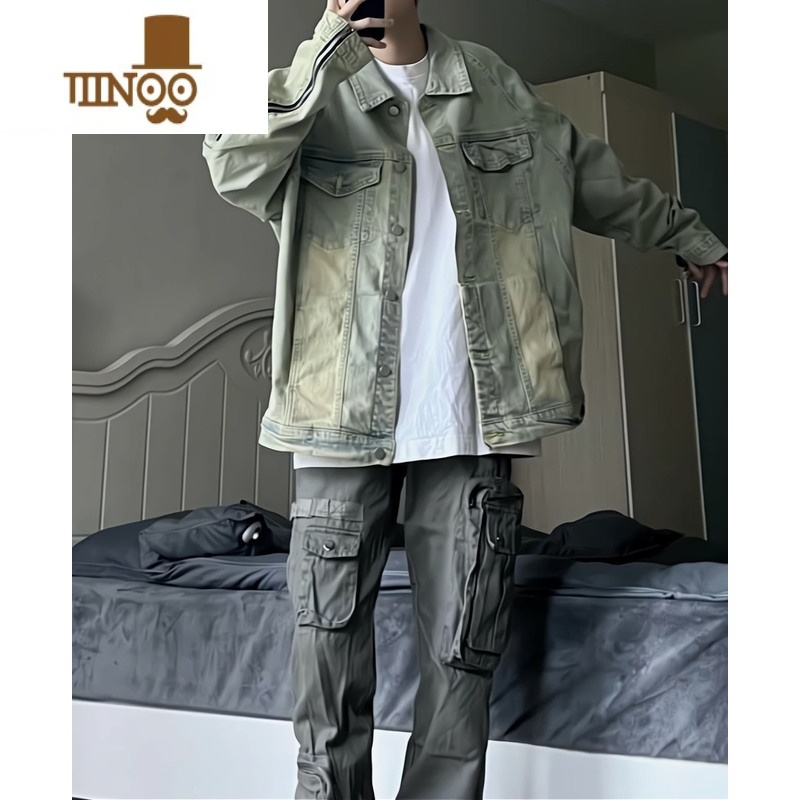 YANXU美式复古牛仔外套情侣潮牌工装黄泥水洗做旧高街港风国潮拉链夹做高清大图