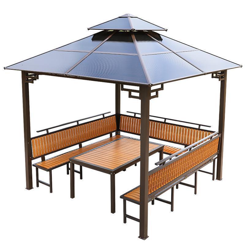 森美人室外铁艺亭子四角亭户外凉亭小木屋庭院花园农家乐农庄帐篷遮阳棚 三面座板+塑木桌【柚木色】