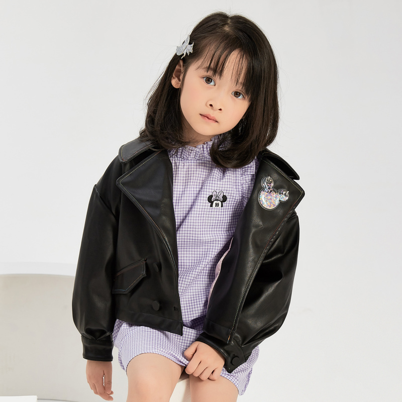 [1件3折价:130.5]米喜迪mecity童装秋新款女童米奇PU皮机车夹克外套