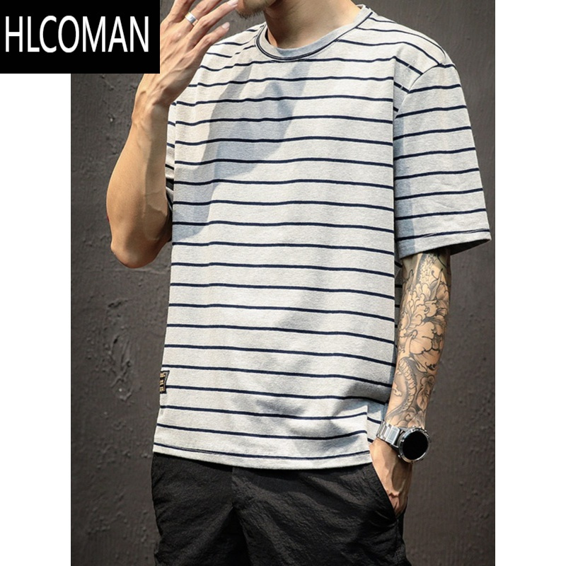 HLCOMAN日系条纹短袖T恤男款潮牌2025新款大码衣服夏季宽松男士半袖体恤