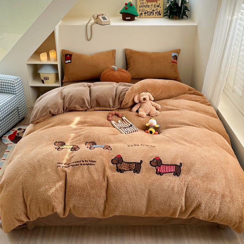 高克重细颗粒羊羔绒毛巾绣四件套加厚保暖牛奶绒法兰绒床品三件套