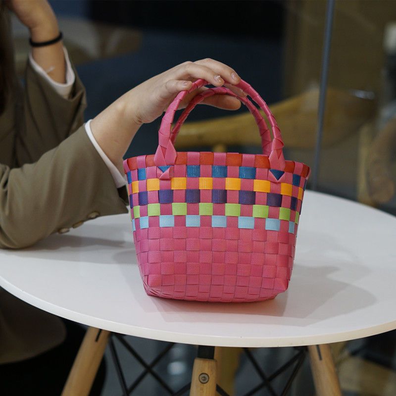 手提包女小包手拎迷你彩色收纳小篮子手工编织包ins海边沙滩包粉色系