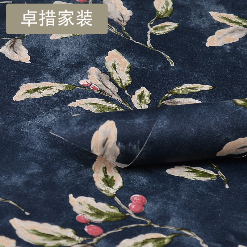 墙纸美式乡村复古怀旧卧室简约欧式电视背景墙壁纸蓝色田园小树叶壹德壹