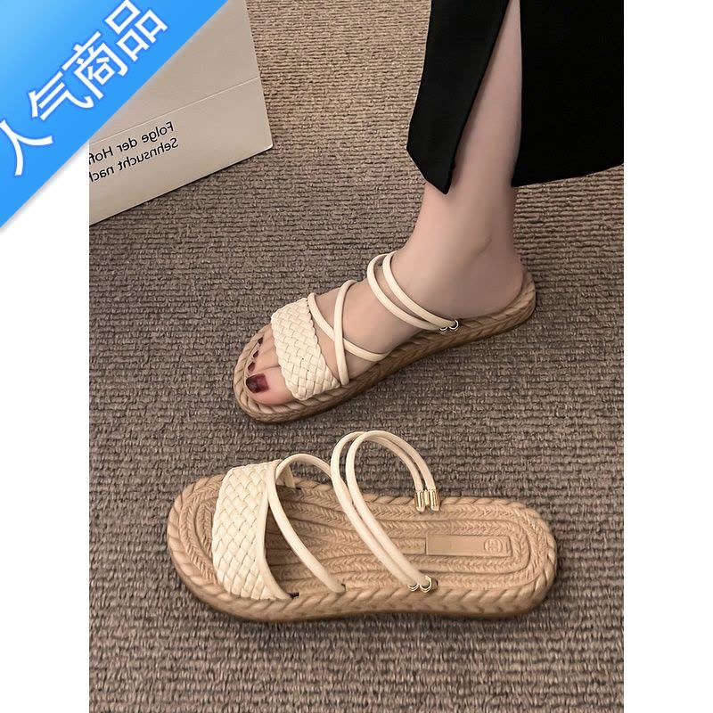 SUNTEK网红时尚拖鞋女外穿2023夏季新款百搭平底可湿水麻花编织罗马凉鞋图片