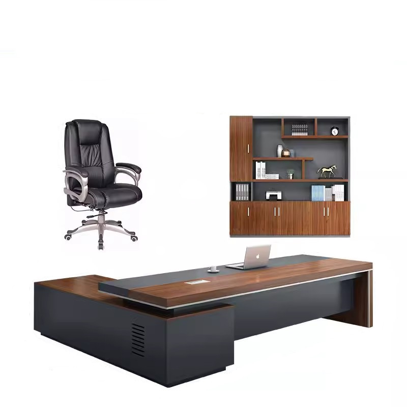 迅迈 1.8米老板桌+老板椅+2.0米书柜800*1800*750mm 含侧柜 总裁桌 简约现代老板办公桌 大班台主管桌
