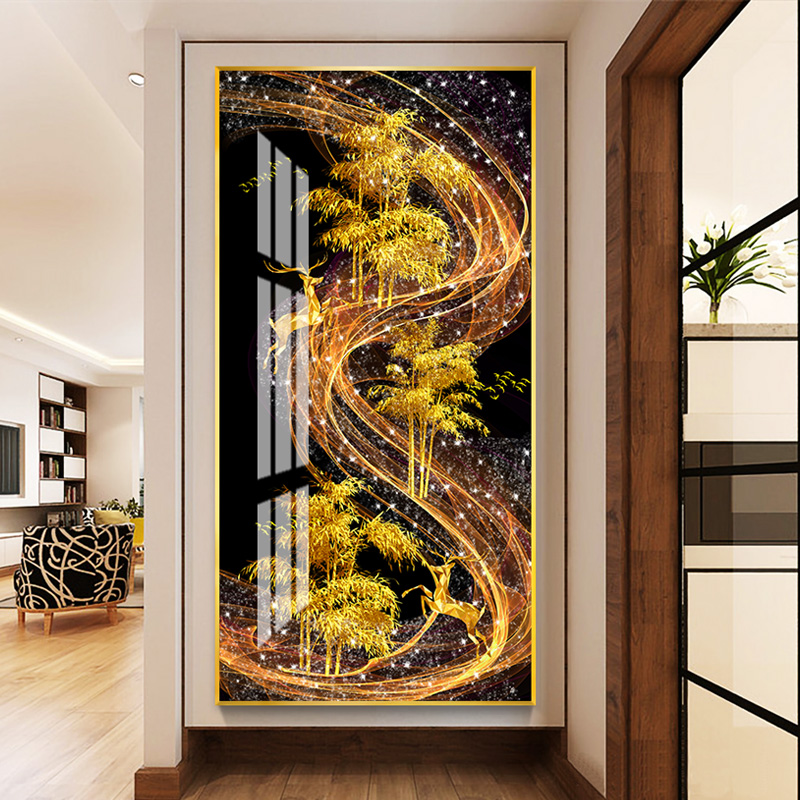 轻奢挂画玄关装饰画竖版入户晶瓷画风水走廊过道 鹿引金道 60*120cm晶瓷画(晶瓷工艺+金属框)统一发金色边框(需高清大图